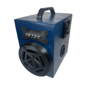 blue wooden speakerbox in justus gadget's electronic central